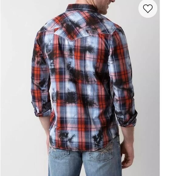 BKE Size XL Mens Vintage Timberjack Shirt Pearl Snap Blue Orange Plaid Shirt - Picture 4 of 9